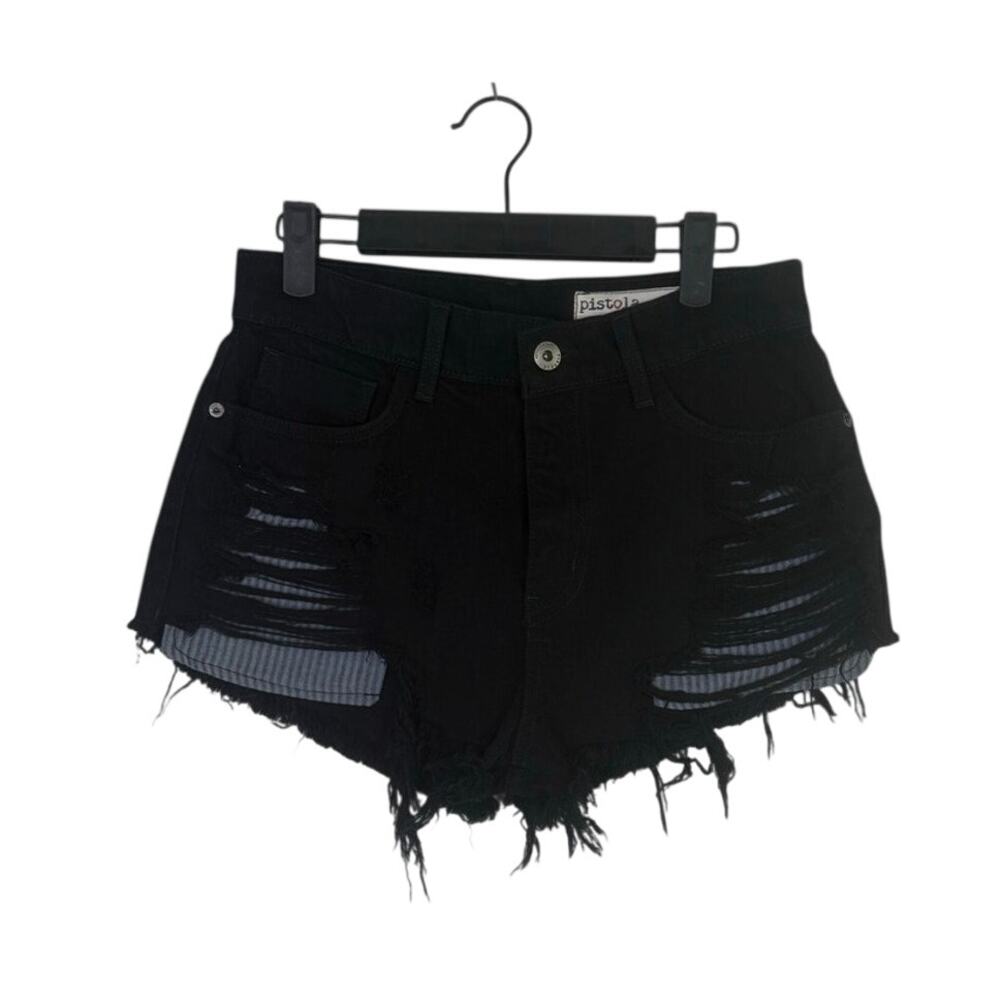 Pistola Cutoff Distressed Jean Shorts Raw Ripped Hem High Rise Pockets 27 Black